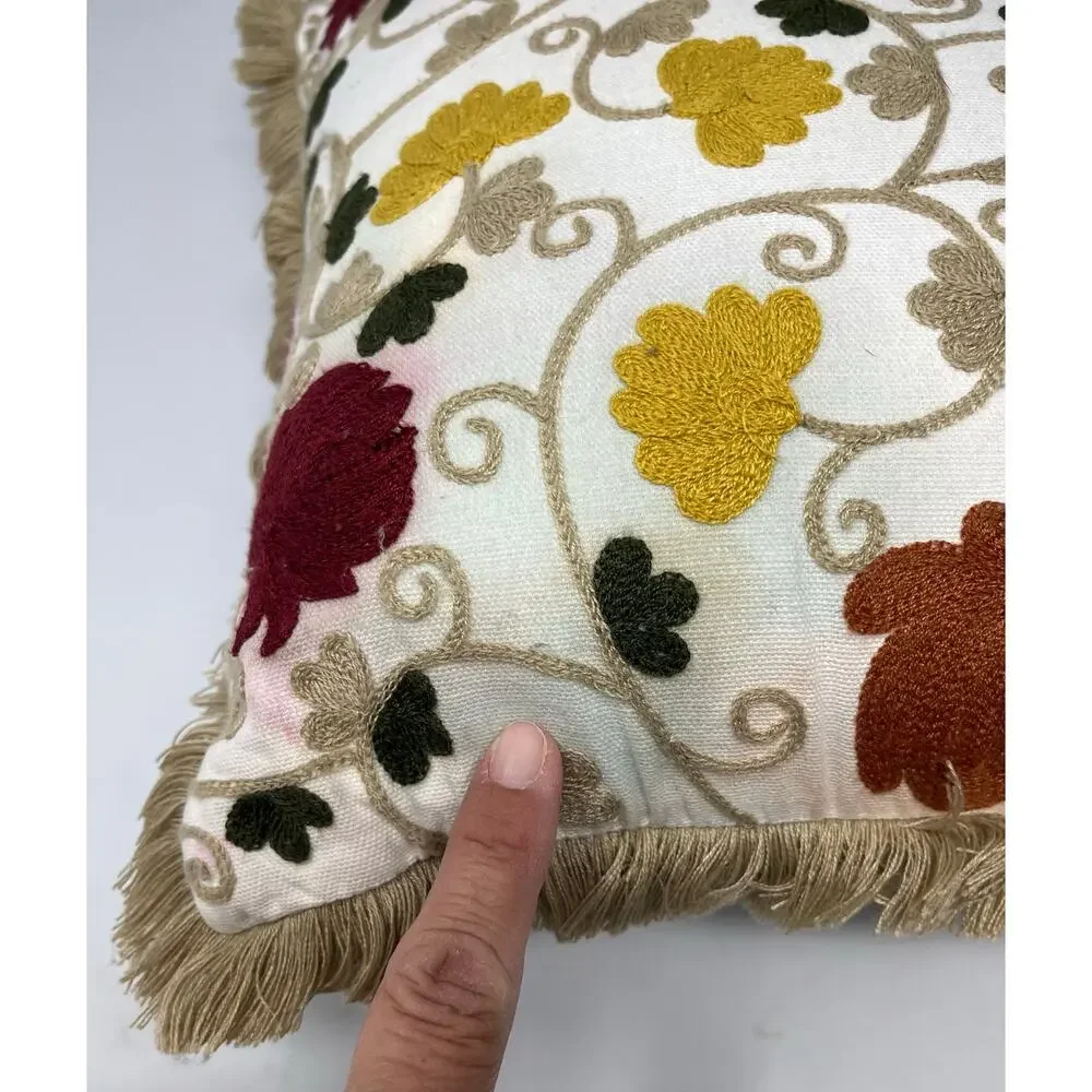No brand Embroidered Fall Accent pillow size 14x14  has 2 stains (see photos)